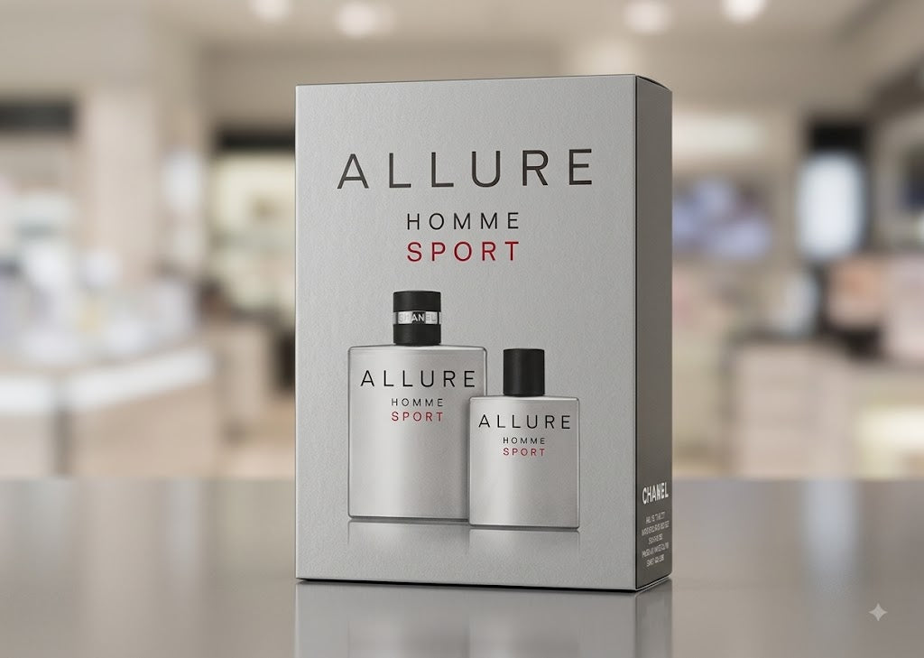 Allure Homme Sport cologne set in a silver-gray box, featuring two matching spray bottles with black caps, displayed on a reflective surface with a blurred store background.